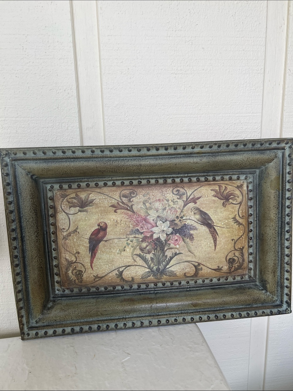 #2404*”12x18” Vintage-Inspired Floral & Bird Tray Art in Green - Picture 1 of 14